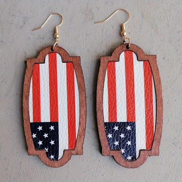 Bohemian National Flag Water Droplets Dangly Earrings 4th Stars Stripes Country - Picture 4 of 9